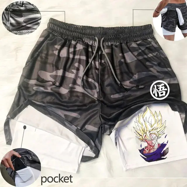 Anime Running Shorts Men Fitness Gym Training 2 in 1 Sports Shorts