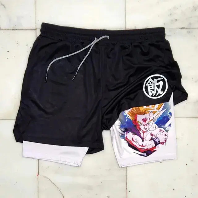 Anime Running Shorts Men Fitness Gym Training 2 in 1 Sports Shorts