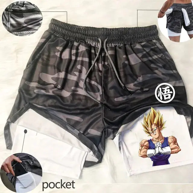 Anime Running Shorts Men Fitness Gym Training 2 in 1 Sports Shorts