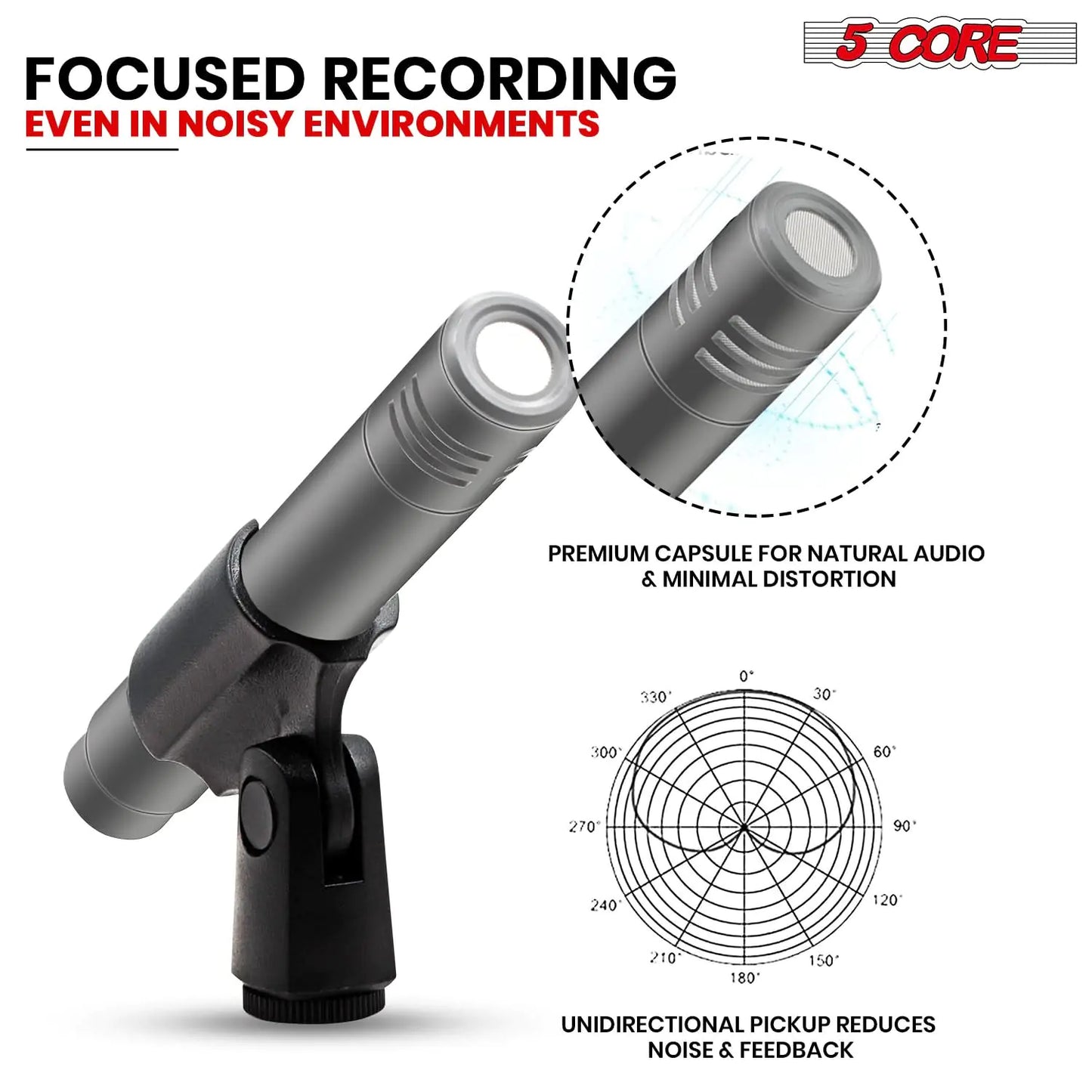 5Core Instrument Microphone Professional XLR Cardioid Pencil Stick Condenser Mic Grey