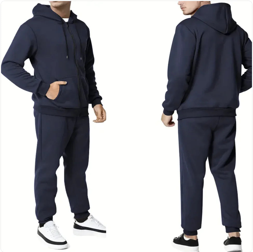 Casual Solid Color Hooded Zip Cardigan Set